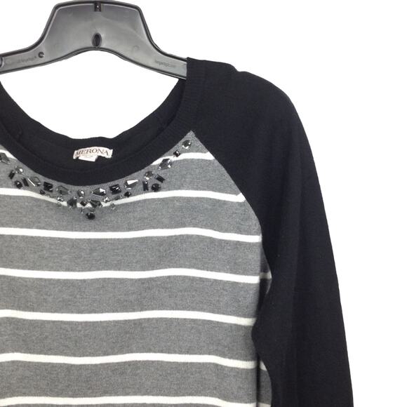 Merona Womens Grey Crewneck Embellished Striped Long Sleeve Sweater L - Picture 7 of 8